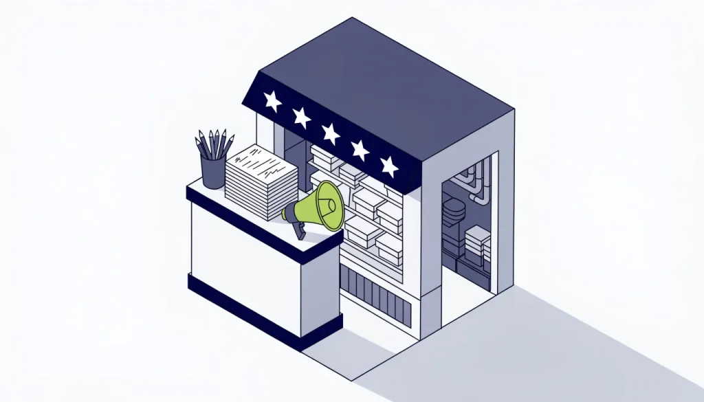 Isometric cafe with blank star shapes on the awning, a stack of comment cards and a small megaphone