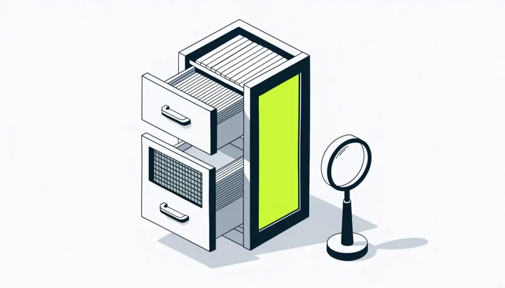 Isometric two-drawer cabinet with cards in an open top drawer and more behind a mesh screen, with a magnifying glass