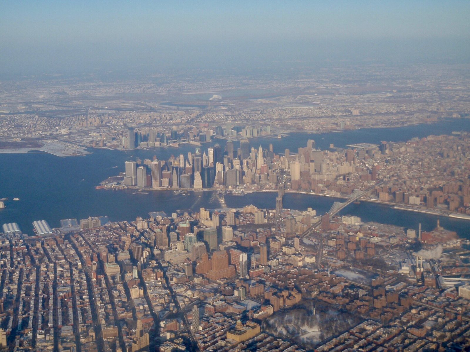 Aerial view over Manhattan and Brooklyn that looks like online map imagery